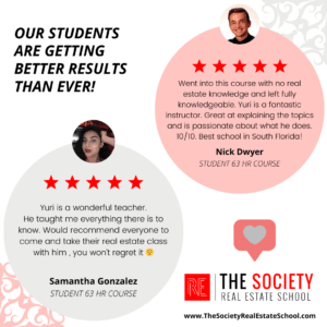 Promotional flyer for The Society Real Estate School featuring positive student reviews from Rafael Suarez and Olivia Wilson, a smartphone displaying the school's website with a 'Register for Course Today' button, and a call-to-action for Miami's best real estate school